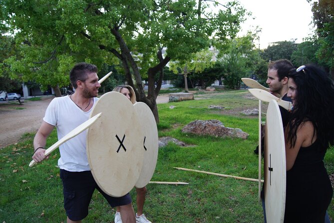 Athens: Unique & Interactive Greek Small Group Warrior Experience - Holding the shield and learning the phalanx