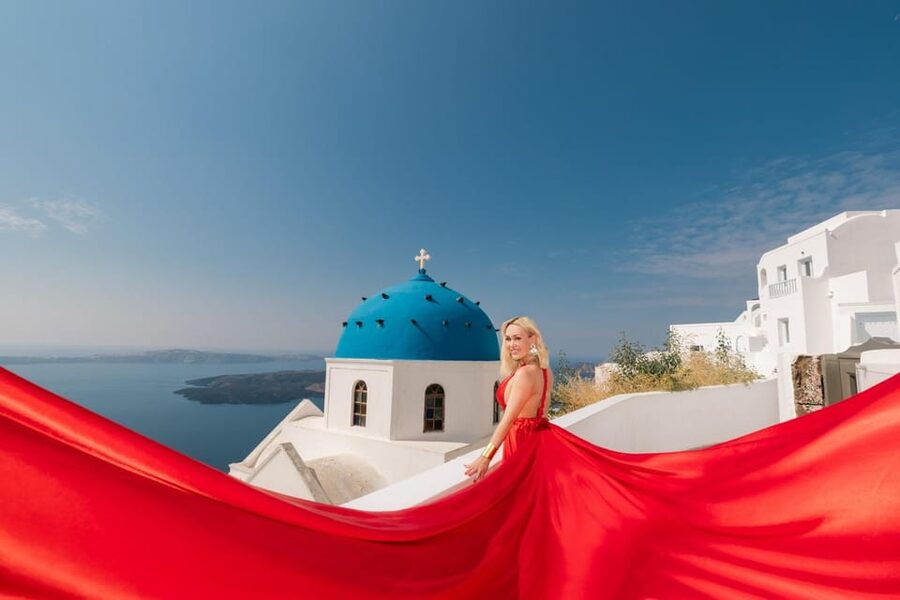 Flying dress Photoshoot in Santorini with Hotel Pickup - Why a flying dress works so well in Santorini