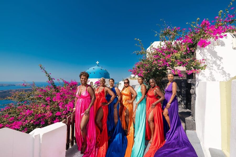 Flying dress Photoshoot in Santorini with Hotel Pickup - Sunrise, sunset, or bright daytime light