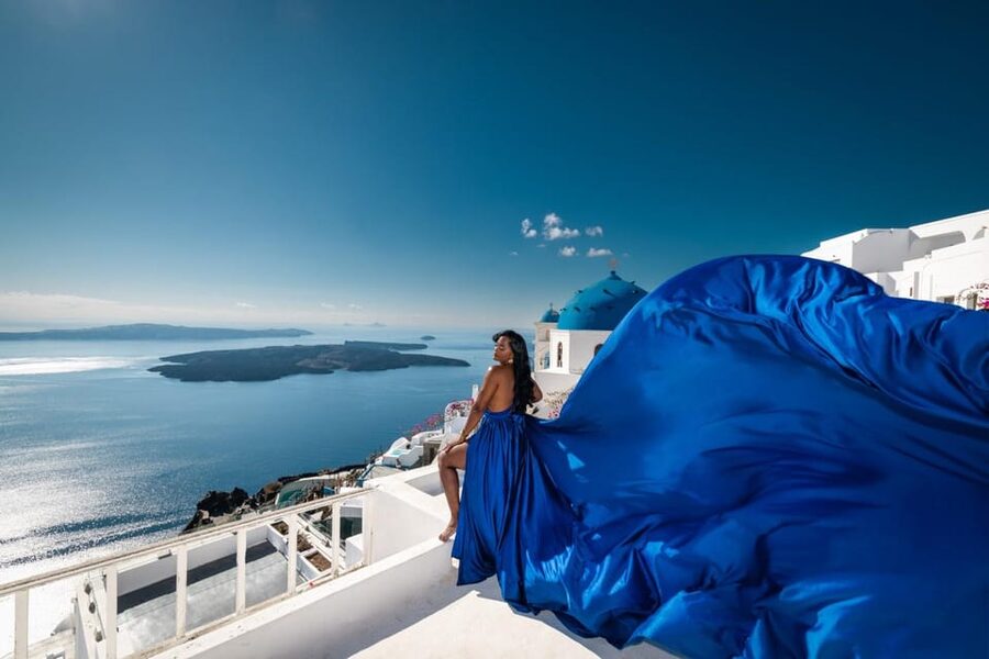 Flying dress Photoshoot in Santorini with Hotel Pickup - Pickup from seven Santorini areas