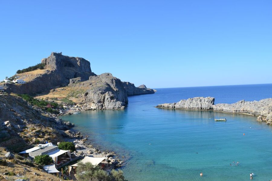From Rhodes: Lindos and 7 Springs Valley Bus Tour - The first glimpse of Lindos from above
