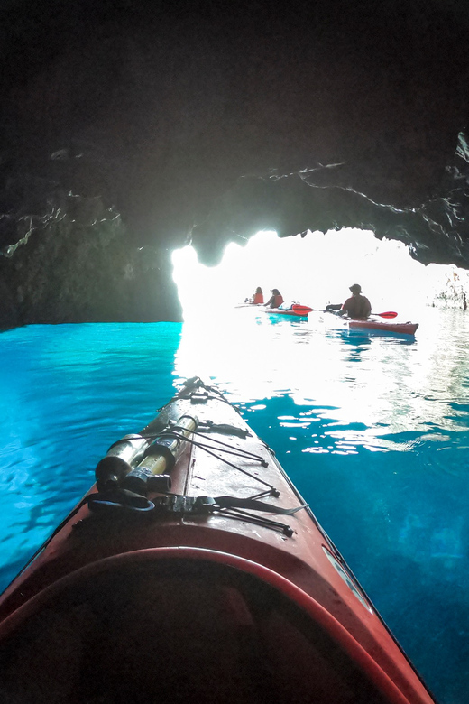 Lefkada: Blue Cave Kayak Tour with a Taste of Greece - Snorkeling over fish and red starfish