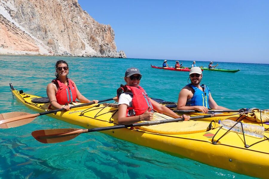 Milos: Guided Kayaking Trip with Snorkelling & Lunch - The first beach stop: swimming, snorkelling, and snacks