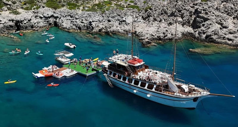 Rhodes: Gulet Trip with Food, Drinks, SUP, Kayak & Swimming - Two hours at Ladiko and Fun Island