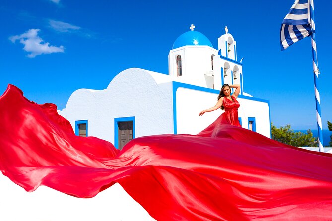 Santorini 2h Private Flying Dress Photoshoot with Transportation - Stop Two: Firostefani and the Caldera Backdrop