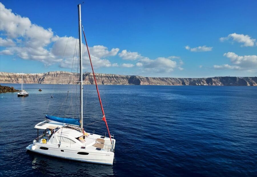 Santorini: Catamaran Cruise with Greek BBQ and Drinks - Boarding at Vlychada Marina
