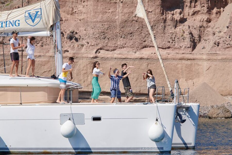 Santorini Gold Catamaran Cruise with Snorkel, BBQ & Open Bar - Setting out from Vlychada Marina