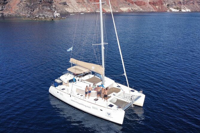 Santorini Platinum Catamaran Cruise with Meal, BBQ and Open Bar - Mesa Pigadia for snorkeling and swimming